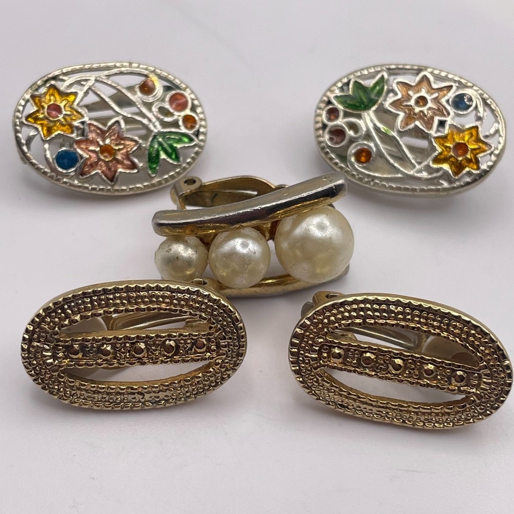 VTG Retro Gold & Silver Tone Clip On Earring Lot 3 Pairs Faux Pearl Enamel Set